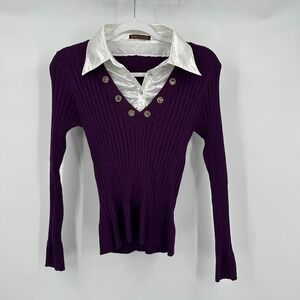 Womens Y2K Preppy Layered Sweater Size M Academia Ribbed Knit Coquette Purple